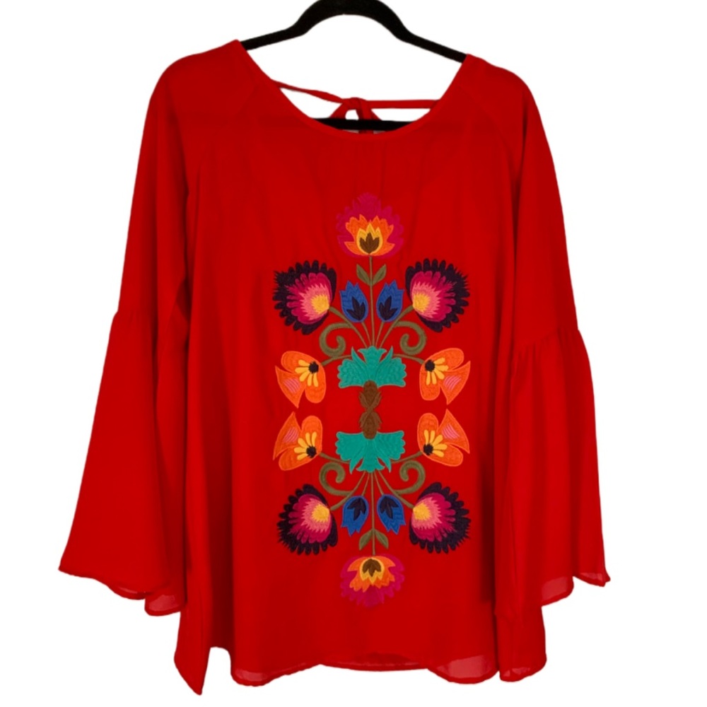 Judith March Red Embroidered Boho Bell Sleeve Dress-NWT!